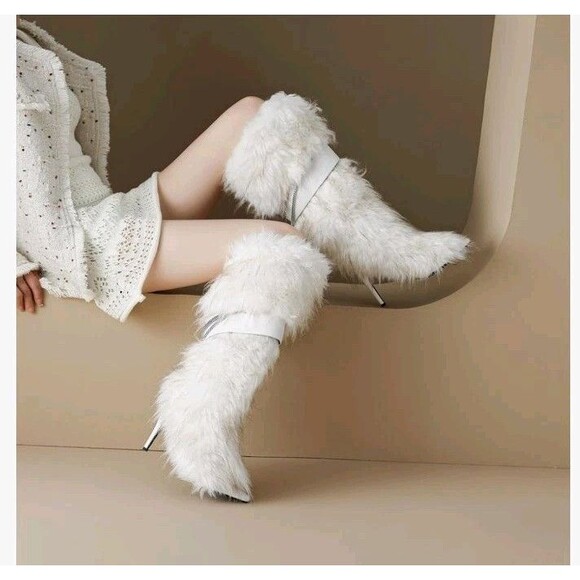 Women's Cowhide Fur Pointed Toe Metal Buckle Knee-high Wide Calf Boots - Picture 1 of 12